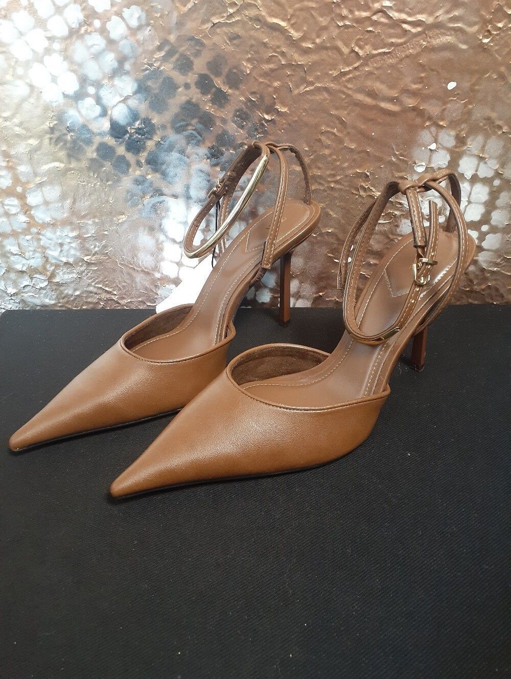 Zara Nwt Latte Brown Pointed-Toe Stiletto Slingback Heels In Faux Leather - Picture 14 of 16